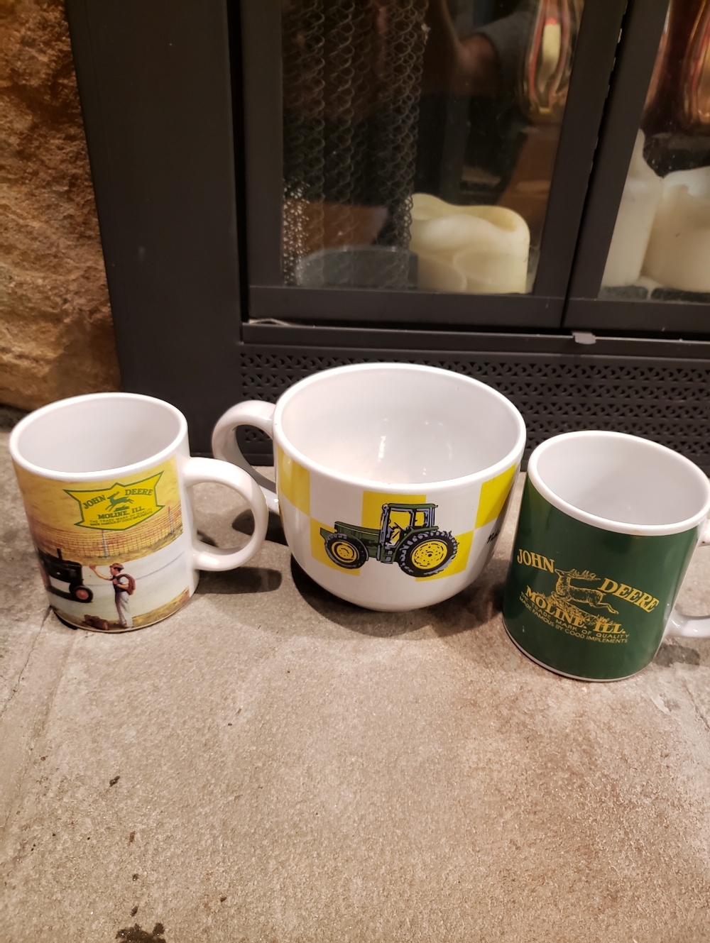 Lot Of 3 John Deere Ceramic Mugs with Tractor Graphics Gibson Soup Cereal Bowl
